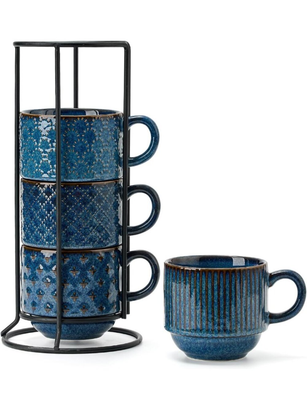 Set of 4 Stackable Ceramic Coffee Mugs - 15 Oz Ribbed Latte Cups, Dishwasher